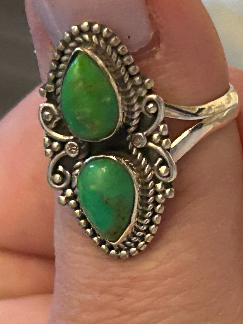 Sterling Silver Green Mojhave Double Teardrop Ring size 8.5 - Picture 4 of 8